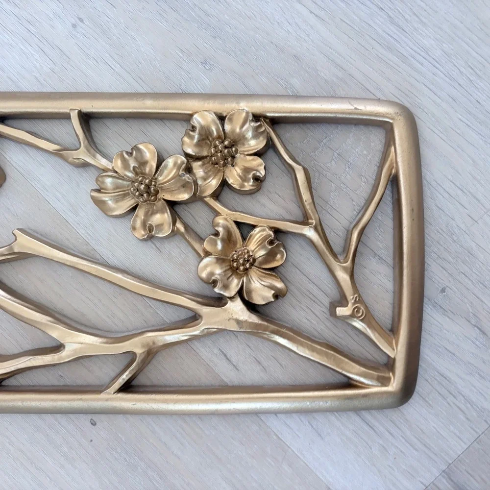 Vintage seasons Syroco Gold Wall Plaques Set of 2 Dogwood Holly Floral MCM 20x6